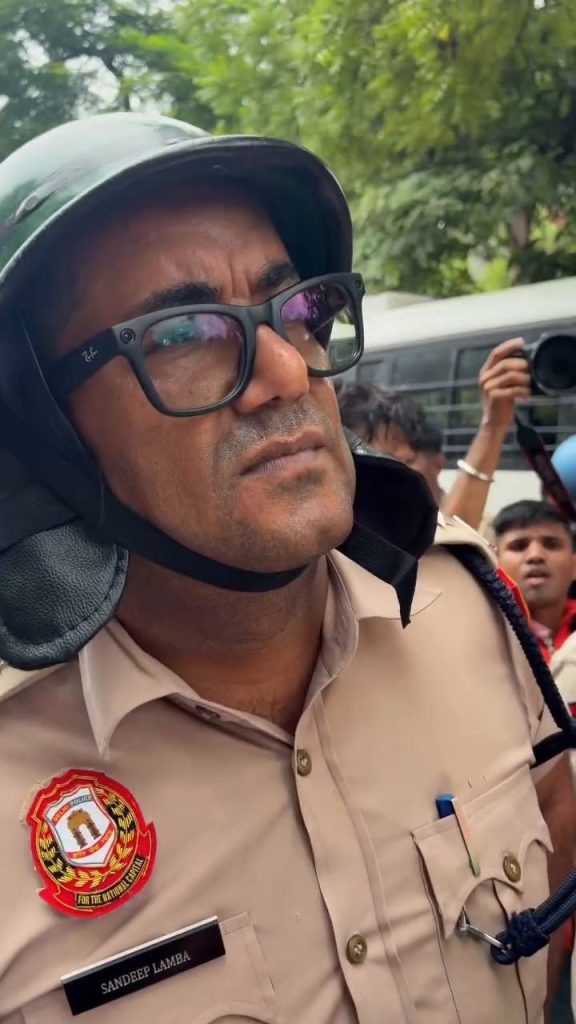 A person wearing smart glasses outdoors